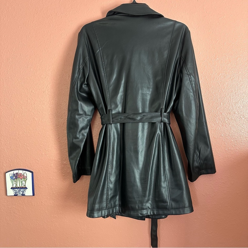Women's Black Double-Breasted Faux Leather Jacket - Picture 2 of 2
